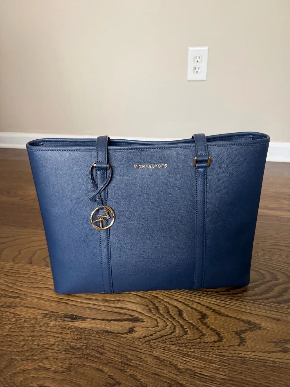 Michael Kors Blue Saffiano Leather Tote with Gold Hardware